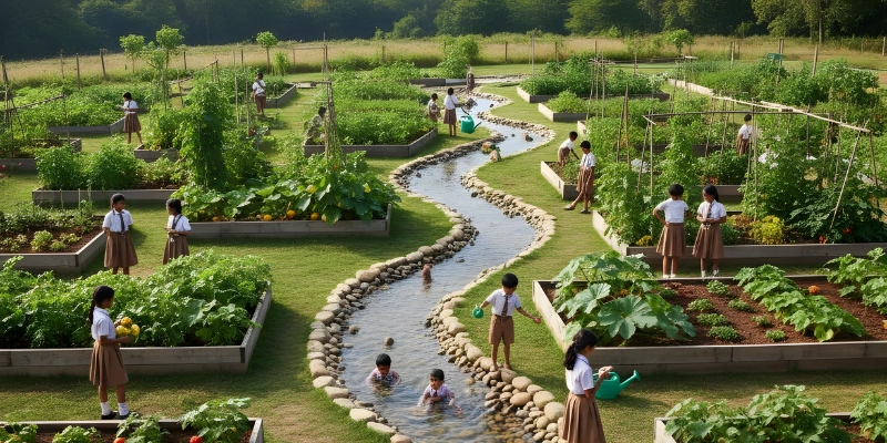 Vegetable Garden with Meandering Water Play Area
